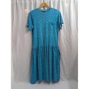 H.C. Ellicot womens sz small 1990s shirt dress whimsical print teal blue pink C4